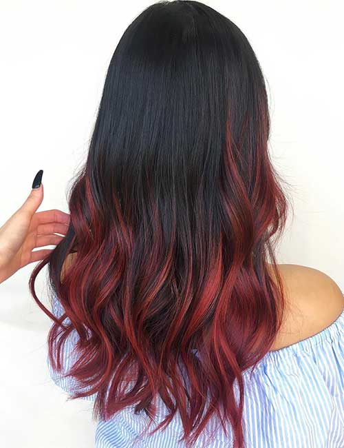 14. Burgundy Red Balayage On Black Hair