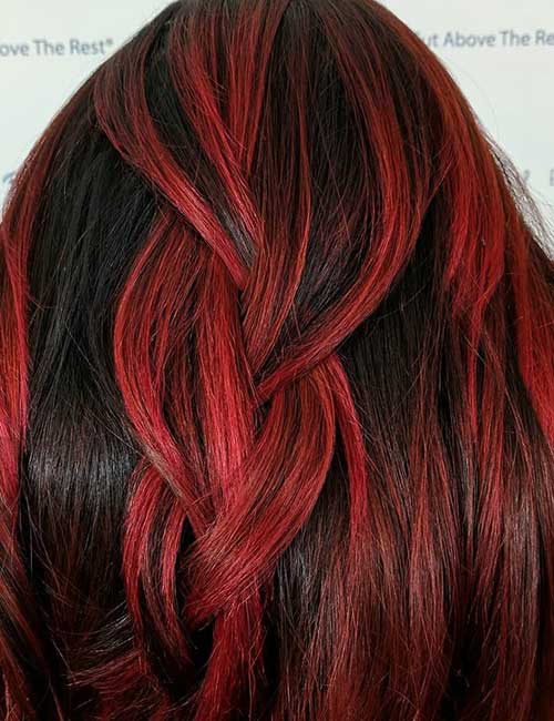 15. Crimson Red Balayage On Black Hair